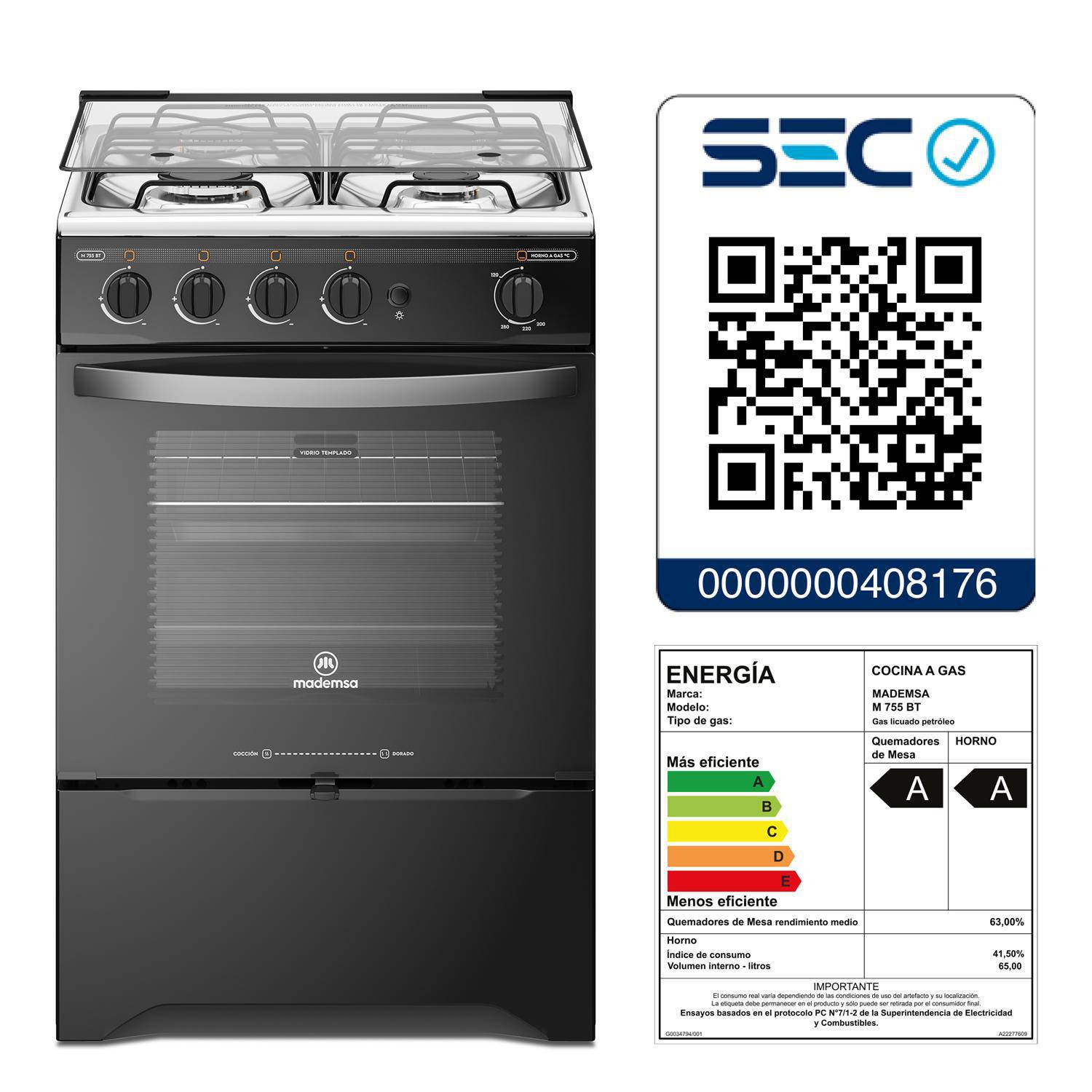 Cocina a gas 4 platos negra 65 litros - descuento especial